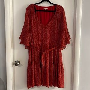 Avenue loralette red floral dress with flowy sleeves and tie waist.